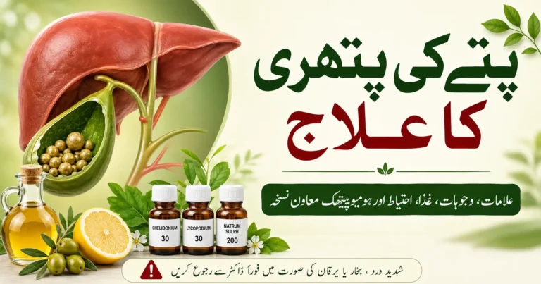 پتے کی پتھری کا علاج، علامات، غذا اور احتیاطی رہنمائی یہ مضمون Herbal Homeo کی ماہر ہومیوپیتھ نے تیار کیا ہے۔ Reviewed by: Herbal Homeo کی ماہر ہومیوپیتھ Last Updated: 18 جون 2026 پتے کی پتھری کا علاج تلاش کرنے والے بہت سے افراد کو دائیں پسلی کے نیچے درد، چکنائی والی غذا کے بعد بے آرامی، متلی، گیس، بدہضمی، منہ کا کڑوا ذائقہ یا کندھے اور کمر کی طرف درد کی شکایت ہوتی ہے۔ پتے کی پتھری کو انگریزی میں Gallstones کہا جاتا ہے۔ یہ ایک عام مسئلہ ہے، مگر بعض صورتوں میں فوری طبی توجہ ضروری ہو سکتی ہے۔ اس مضمون میں پتے کی پتھری کی علامات، ممکنہ وجوہات، ضروری ٹیسٹ، غذا، پرہیز، ہومیوپیتھک معاون ادویات، عرقیات، بایوکیمک ادویات اور درد کی صورت میں احتیاطی رہنمائی شامل ہے۔ ہر مریض کی کیفیت مختلف ہو سکتی ہے، اس لیے علاج کو الٹراساؤنڈ رپورٹ، درد کی شدت اور مریض کی مجموعی صحت کے مطابق رکھنا ضروری ہے۔ اہم تنبیہ: اگر دائیں پسلی کے نیچے شدید درد ہو، درد 4 سے 6 گھنٹے یا اس سے زیادہ برقرار رہے، بخار یا کپکپی ہو، مسلسل قے آئے، آنکھیں یا جلد پیلی ہوں، پیشاب کا رنگ گہرا ہو، یا پیٹ سخت محسوس ہو تو فوراً ڈاکٹر یا ایمرجنسی سے رجوع کریں۔ پتے کی پتھری کیا ہے؟ پتہ، جسے Gallbladder کہتے ہیں، جگر کے نیچے موجود ایک چھوٹا عضو ہے۔ یہ صفرا یا bile کو جمع رکھتا ہے، جو چکنائی والی غذا کو ہضم کرنے میں مدد دیتا ہے۔ جب صفرا میں کولیسٹرول، بائل سالٹس یا دوسرے اجزاء کا توازن بدلتا ہے تو چھوٹے یا بڑے پتھر بن سکتے ہیں۔ کچھ لوگوں میں پتھری موجود ہونے کے باوجود کوئی علامت نہیں ہوتی۔ اسے خاموش پتھری یا Silent Gallstones کہا جاتا ہے۔ لیکن جب پتھری حرکت کرے، نالی میں رکاوٹ بنے یا پتے میں سوزش پیدا ہو تو درد اور دوسری علامات شروع ہو سکتی ہیں۔ پتے کی پتھری کی عام علامات دائیں پسلی کے نیچے یا اوپری پیٹ میں درد چکنائی، گھی، تلی ہوئی یا بھاری غذا کے بعد تکلیف درد کا دائیں کندھے، پشت یا کمر تک جانا متلی یا قے پیٹ کا بھاری پن، اپھارہ یا گیس بدہضمی یا منہ کا کڑوا ذائقہ بھوک میں کمی کبھی کبھار بخار یا کپکپی صرف گیس یا بدہضمی کی وجہ سے بھی اسی طرح کی علامات ہو سکتی ہیں۔ اس لیے الٹراساؤنڈ کے بغیر پتے کی پتھری کا حتمی فیصلہ نہیں کرنا چاہیے۔ معدے اور ہاضمے سے متعلق عمومی معلومات کے لیے ہماری Stomach Disorders and Homeopathy گائیڈ بھی دیکھیں۔ پتے کی پتھری کیوں بنتی ہے؟ کولیسٹرول یا خون کی چکنائی کا بڑھ جانا موٹاپا یا جسمانی سرگرمی کی کمی وزن کا بہت تیزی سے کم ہونا زیادہ گھی، تیل، تلی ہوئی اور چکنائی والی غذا بے قاعدہ کھانا یا بہت دیر تک بھوکا رہنا حمل یا ہارمونل تبدیلیاں خاندانی رجحان ذیابیطس یا میٹابولک مسائل عمر بڑھنے کے ساتھ صفراوی نظام کی تبدیلیاں پتے کی پتھری کی تشخیص کیسے ہوتی ہے؟ پتے کی پتھری کی تصدیق کے لیے عموماً Ultrasound Abdomen سب سے اہم ابتدائی ٹیسٹ ہوتا ہے۔ اس سے پتھری کی تعداد، سائز، پتے کی سوزش اور نالیوں کی حالت کے بارے میں معلومات مل سکتی ہیں۔ Liver Function Tests یا LFTs CBC، خاص طور پر بخار یا انفیکشن کے شبہے میں Bilirubin، اگر یرقان کا خدشہ ہو Amylase یا Lipase، اگر شدید اوپری پیٹ کا درد ہو مزید imaging tests، اگر نالی میں پتھری پھنسنے کا شبہ ہو پتے کی پتھری میں غذا اور پرہیز اگر چکنائی والی غذا کے بعد درد، متلی یا بھاری پن بڑھتا ہو تو کم چکنائی والی غذا، مناسب پانی اور چھوٹے حصوں میں کھانا مددگار ہو سکتا ہے۔ کن چیزوں سے احتیاط کریں؟ زیادہ گھی، مکھن اور تیل فاسٹ فوڈ اور گہری تلی ہوئی اشیاء چربی والا گوشت اور بہت بھاری سالن زیادہ کریم، پنیر یا مایونیز کولڈ ڈرنکس اور بہت زیادہ میٹھے مشروبات بہت زیادہ مصالحہ دار کھانا رات کو دیر سے یا بہت زیادہ مقدار میں کھانا لمبے وقت تک بھوکا رہنا، پھر ایک دم بہت بھاری کھانا کون سی غذائیں نسبتاً بہتر رہ سکتی ہیں؟ سادہ، کم چکنائی والا گھر کا کھانا سبزیاں، سلاد اور مناسب مقدار میں پھل دالیں اور ہلکی پروٹین دلیہ، جو اور فائبر والی غذائیں پانی کی مناسب مقدار ہلکا سوپ اور سبزیوں پر مشتمل کھانا چھوٹے حصوں میں کھانا، دن میں کئی بار روزانہ ہلکی واک، اگر درد یا طبی حالت اجازت دے زیتون کا تیل اور لیموں: احتیاط کے ساتھ بعض لوگ زیتون کا تیل اور لیموں ہاضمے یا بھاری پن کے لیے استعمال کرتے ہیں۔ ایک چمچ زیتون کا تیل اور لیموں کا رس بعض افراد کو ہلکی ہاضمے کی شکایت میں بہتر محسوس کرا سکتا ہے، مگر یہ ثابت شدہ طور پر ہر قسم کی پتے کی پتھری کو ختم کرنے کا علاج نہیں ہے۔ اگر زیتون کے تیل یا لیموں کے استعمال کے بعد درد بڑھ جائے، متلی یا قے ہو، تیزابیت بڑھے یا دائیں پسلی کے نیچے تیز درد شروع ہو تو اسے بند کر دیں اور طبی مشورہ لیں۔ بڑی پتھری یا نالی میں پھنسی پتھری کی صورت میں خود سے “flush” یا زیادہ تیل والے نسخے استعمال کرنا مناسب نہیں۔ پتے کی پتھری کے لیے ہومیوپیتھک معاون طریقہ ہومیوپیتھی میں دوا کا انتخاب مریض کی مجموعی علامات، درد کی نوعیت، غذا سے تعلق، متلی، گیس، جسمانی ساخت اور دوسری کیفیتوں کو دیکھ کر کیا جاتا ہے۔ پتے کی پتھری میں ایک ہی دوا یا ایک ہی combination ہر فرد کے لیے مناسب نہیں ہوتی۔ ہومیوپیتھی کے بنیادی اصول اور individual remedy selection کو سمجھنے کے لیے ہماری Homeopathic Medicine: A Comprehensive Guide بھی دیکھیں۔ محفوظ استعمال کا اصول: ہومیوپیتھک remedies کو مکمل medical assessment کے بعد منتخب کرنا بہتر ہے۔ شدید درد، بخار، یرقان، مسلسل قے، شوگر، گردے یا جگر کی بیماری، حمل، یا پہلے سے جاری دواؤں کی صورت میں خود علاج نہ کریں۔ نسخہ نمبر 1: عمومی معاون ترتیب روایتی ہومیوپیتھک practice میں پتے، جگر، صفراوی نظام، بدہضمی اور دائیں طرف کے درد کی علامات میں درج ذیل ادویات پر غور کیا جاتا ہے: Chelidonium 50M: صرف ایک خوراک۔ ہائی پوٹینسی کو بار بار دہرانا مناسب نہیں۔ Cholesterinum 30: روزانہ ایک بار۔ Calcarea Carb 30: روزانہ ایک بار۔ Natrum Sulph 200: روزانہ ایک بار، مگر ہائی پوٹینسی کی repetition معالج کے مشورے سے ہونی چاہیے۔ اہم نوٹ: 50M، 200C، 1M اور اس سے اوپر کی طاقتیں ہر مریض کے لیے مناسب نہیں ہوتیں۔ ایسی ادویات خصوصاً بار بار استعمال کرنے سے پہلے مستند ہومیوپیتھک معالج سے مشورہ ضروری ہے۔ نسخہ نمبر 2: 30 طاقت میں معاون combination پتے کی پتھری کے رجحان، گیس، بدہضمی، صفراوی نظام کی سستی، کھانے کے بعد بھاری پن یا دائیں طرف تکلیف کی علامات میں درج ذیل ادویات 30 طاقت میں بعض ہومیوپیتھک معالج زیر غور لاتے ہیں: Kali Bichromicum 30 Lycopodium 30 Cholesterinum 30 Natrum Sulph 30 عمومی طریقہ استعمال: چاروں ادویات 30 طاقت میں ملا کر دن میں 2 بار، صبح اور شام، پانی میں چند قطرے ملا کر استعمال کی جا سکتی ہیں۔ تاہم انفرادی علامات، عمر، دوسری بیماریوں اور جاری دواؤں کو ضرور مدنظر رکھا جائے۔ اگر پتے میں درد، مروڑ یا قولنج ہو پتے کی پتھری میں درد بعض اوقات قولنج یا spasmodic pain کی شکل اختیار کر سکتا ہے۔ روایتی ہومیوپیتھک practice میں درج ذیل نام درد کے مخصوص pattern کے مطابق زیر غور آ سکتے ہیں: Dioscorea 30 Colocynthis 30 Mag Phos 30 عمومی طریقہ استعمال: تینوں ادویات ملا کر دن میں 3 سے 4 بار استعمال کی جا سکتی ہیں۔ درد کم ہونے پر دوا کا وقفہ بڑھا دیں یا معالج کے مشورے کے مطابق بند کر دیں۔ یہ ادویات اس بات کی ضمانت نہیں کہ درد کی اصل وجہ ختم ہو گئی ہے۔ اگر درد بار بار ہو، کھانے کے بعد بڑھتا ہو، بخار یا قے کے ساتھ ہو، یا کئی گھنٹے برقرار رہے تو اسے صرف “gas pain” سمجھ کر نظر انداز نہ کریں۔ پتے کی سوزش یا نالی میں رکاوٹ کی جانچ ضروری ہو سکتی ہے۔ اگر صرف پتے کی پتھری کا خدشہ ہو اگر پتھری کی تصدیق ابھی نہیں ہوئی اور صرف گیس، بھاری پن، دائیں طرف ہلکی تکلیف یا چکنائی سے بے آرامی کی شکایت ہو تو پہلے الٹراساؤنڈ کروانا بہتر ہے۔ عمومی طور پر درج ذیل ترتیب بعض ہومیوپیتھک معالج استعمال کرتے ہیں: Natrum Sulph 30: صبح ایک بار Calcarea Phos 30: شام ایک بار Mag Phos 30: درد یا مروڑ کی کیفیت میں معاون طور پر عرقیات اور herbal support روایتی طور پر عرق مکوہ، عرق کاسنی اور عرق گاؤ زبان بعض افراد جگر، ہاضمے یا عمومی جسمانی گرمی کے مسائل میں استعمال کرتے ہیں۔ عرقیات کا طریقہ عرق مکوہعرق کاسنیعرق گاؤ زبان تینوں عرقیات برابر مقدار میں ملا لیں۔ عمومی طور پر 10 ملی لیٹر ہر کھانے کے بعد استعمال کیا جاتا ہے۔ اگر کسی کو شوگر، بلڈ پریشر، گردے کی بیماری، جگر کی شدید بیماری، حمل، الرجی، یا مستقل prescription medicines استعمال ہو رہی ہوں تو herbal products اور عرقیات بھی ڈاکٹر یا qualified practitioner کے مشورے سے استعمال کریں۔ بایوکیمک ادویات 6X بایوکیمک ادویات بعض افراد میں عمومی کمزوری، مروڑ، اعصابی تھکاوٹ اور بافتوں کی supportive care کے لیے استعمال کی جاتی ہیں۔ Ferrum Phos 6X Mag Phos 6X Kali Phos 6X Calcarea Fluor 6X عمومی طریقہ استعمال: چاروں ادویات ملا کر روزانہ 3 سے 4 بار استعمال کی جا سکتی ہیں۔ Ferrum Phos 6X: سوزش یا ابتدائی discomfort میں معاون طور پر استعمال کی جاتی ہے۔ Mag Phos 6X: مروڑ، کھنچاؤ یا درد کی کیفیت میں زیر غور آتی ہے۔ Kali Phos 6X: اعصابی تھکاوٹ اور عمومی کمزوری میں معاون سمجھی جاتی ہے۔ Calcarea Fluor 6X: بافتوں کی سختی یا پتھری کے رجحان کے تناظر میں بعض practitioners استعمال کرتے ہیں۔ Ospa Fell کے بارے میں وضاحت Ospa Fell ماضی میں جرمنی میں جڑی بوٹیوں سے بنی ایک دوا کے طور پر استعمال ہوتی تھی، جس کا ذکر پتے، جگر اور ہاضمے کی معاون دیکھ بھال کے لیے کیا جاتا تھا۔ تاہم یہ دوا اب تیار نہیں کی جاتی اور عام طور پر دستیاب نہیں ہے۔ اس لیے پتے کی پتھری یا پتے کے درد کی صورت میں Ospa Fell تلاش کرنے کے بجائے پہلے درست تشخیص کے لیے Ultrasound Abdomen کروانا بہتر ہے۔ پھر ڈاکٹر یا مستند معالج کی رہنمائی سے مناسب علاج، غذا اور معاون طریقہ منتخب کیا جائے۔ کیا پتے کی پتھری بغیر آپریشن کے ختم ہو سکتی ہے؟ یہ ہر مریض میں مختلف ہوتا ہے۔ کچھ افراد میں پتھری چھوٹی ہوتی ہے اور کوئی علامت نہیں دیتی، اس لیے ڈاکٹر صرف observation، غذا کی اصلاح اور follow-up کا مشورہ دے سکتا ہے۔ لیکن اگر پتھری بار بار درد دے، پتے میں سوزش ہو، نالی بند ہو، یرقان ہو، بخار آئے یا pancreatitis کا خطرہ ہو تو medical یا surgical treatment ضروری ہو سکتا ہے۔ یہ فیصلہ پتھری کے سائز، تعداد، مقام، علامات، الٹراساؤنڈ اور blood tests کے مطابق کیا جاتا ہے۔ کن علامات میں فوراً ڈاکٹر سے رجوع کریں؟ دائیں پسلی کے نیچے بہت شدید درد درد 4 سے 6 گھنٹے یا اس سے زیادہ برقرار رہے بخار، کپکپی یا شدید کمزوری مسلسل متلی یا قے آنکھوں یا جلد کا پیلا ہونا پیشاب کا گہرا رنگ یا پاخانے کا بہت ہلکا رنگ پیٹ کا بہت سخت یا غیر معمولی طور پر پھول جانا حاملہ خاتون میں پیٹ کے اوپری حصے کا شدید درد شوگر، گردے، جگر یا دل کے مریض میں شدید درد بزرگ فرد میں اچانک شدید تکلیف یا بخار پتے کی پتھری کے لیے روزمرہ احتیاطی پلان الٹراساؤنڈ سے تشخیص واضح کریں۔ چکنائی والی غذا، فاسٹ فوڈ اور بھاری رات کے کھانے سے پرہیز کریں۔ کھانا چھوٹے حصوں میں تقسیم کر کے کھائیں۔ پانی مناسب مقدار میں پئیں، مگر اگر گردے یا دل کے ڈاکٹر نے پانی محدود کیا ہو تو اسی ہدایت پر عمل کریں۔ وزن آہستہ آہستہ کم کریں، crash dieting سے بچیں۔ اگر درد شروع ہو تو اس کی مدت، شدت، کھانے سے تعلق اور دوسری علامات نوٹ کریں۔ شدید علامات میں گھریلو نسخوں پر انتظار نہ کریں۔ ہومیوپیتھک یا herbal products استعمال کرنے سے پہلے اپنی medical history ضرور بتائیں۔ اکثر پوچھے جانے والے سوالات کیا پتے کی پتھری ہمیشہ درد کرتی ہے؟نہیں۔ بعض افراد میں پتھری موجود ہوتی ہے مگر کوئی علامت نہیں ہوتی۔ علامات اس وقت پیدا ہو سکتی ہیں جب پتھری حرکت کرے، نالی میں رکاوٹ بنے یا سوزش ہو۔ پتے کی پتھری کی سب سے عام علامت کیا ہے؟عام طور پر دائیں پسلی کے نیچے یا اوپری پیٹ میں درد، خاص طور پر چکنائی والی غذا کے بعد، ایک اہم علامت ہے۔ متلی، قے، گیس اور کندھے تک درد بھی ہو سکتا ہے۔ کیا زیتون کا تیل اور لیموں پتے کی پتھری ختم کر دیتے ہیں؟یہ ثابت نہیں کہ زیتون کا تیل اور لیموں ہر قسم کی پتے کی پتھری ختم کر دیتے ہیں۔ بعض افراد کو ہاضمے میں مدد محسوس ہو سکتی ہے، مگر شدید درد یا قے کی صورت میں ڈاکٹر سے رجوع کریں۔ پتے کی پتھری کے لیے کون سا ٹیسٹ سب سے ضروری ہے؟Ultrasound Abdomen عموماً ابتدائی اور اہم ٹیسٹ ہوتا ہے۔ ڈاکٹر علامات کے مطابق LFTs، CBC، Bilirubin اور دیگر ٹیسٹ بھی تجویز کر سکتا ہے۔ کیا ہومیوپیتھی پتے کی پتھری میں استعمال کی جا سکتی ہے؟کچھ افراد ہومیوپیتھی کو معاون طریقے کے طور پر استعمال کرتے ہیں، مگر ادویات کا انتخاب medical assessment اور individual symptoms کے مطابق ہونا چاہیے۔ شدید درد، بخار، یرقان یا مسلسل قے میں فوری طبی علاج ضروری ہے۔ کیا پتے کی پتھری میں آپریشن ضروری ہوتا ہے؟ہر مریض میں نہیں۔ اگر علامات نہ ہوں تو ڈاکٹر observation کا مشورہ دے سکتا ہے۔ بار بار درد، سوزش، نالی میں رکاوٹ، یرقان یا complications کی صورت میں surgery یا medical intervention ضروری ہو سکتا ہے۔ خلاصہ پتے کی پتھری ایک عام مسئلہ ہے، لیکن اسے معمولی گیس یا بدہضمی سمجھ کر نظر انداز نہیں کرنا چاہیے۔ درست تشخیص کے لیے الٹراساؤنڈ اہم ہے۔ غذا میں چکنائی کم کرنا، چھوٹے حصوں میں کھانا، وزن کو آہستہ آہستہ بہتر کرنا اور علامات پر نظر رکھنا مفید ہو سکتا ہے۔ ہومیوپیتھک اور herbal طریقے بعض افراد کے لیے معاون ہو سکتے ہیں، مگر انہیں یقینی علاج یا surgery کے متبادل کے طور پر پیش نہیں کرنا چاہیے۔ شدید درد، بخار، یرقان، مسلسل قے یا کمزوری کی صورت میں فوری طبی مدد لیں۔ Medical Disclaimer یہ مضمون صرف عام معلومات اور تعلیمی مقصد کے لیے ہے۔ یہ کسی ڈاکٹر کی تشخیص، علاج یا prescription کا متبادل نہیں۔ پتے کی پتھری، شدید پیٹ درد، بخار، قے، یرقان، حمل، بچوں، بزرگوں، شوگر، بلڈ پریشر، گردے، جگر یا دل کے مریضوں کو خود علاج نہیں کرنا چاہیے۔ اپنی prescribed medicines بند نہ کریں اور کسی بھی نئی دوا، herbal product یا remedy سے پہلے اپنے معالج سے مشورہ کریں۔ مزید معلومات کے لیے NHS: Gallstones NIDDK: Gallstones Homeopathic Medicine: A Comprehensive Guide Stomach Disorders and Homeopathy